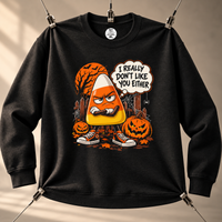 Load image into Gallery viewer, A black long-sleeve crewneck sweatshirt hanging from clips, featuring a Halloween graphic of an angry candy corn with a speech bubble that reads 'I REALLY DON'T LIKE YOU EITHER' and jack-o'-lantern pumpkins.
