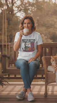 Load and play video in Gallery viewer, Witch Better Have Treats Tee &amp; Crewneck | Cat Boss Collection Halloween Cat Shirt
